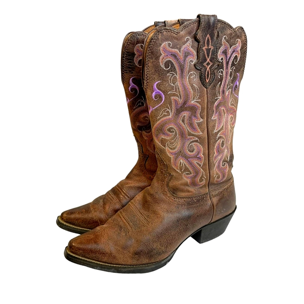 Justin Boots Womens Size 8.5B Western Stampede Distressed Pink/Purple Embroidere